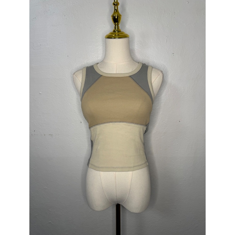 CHNGE Women's Small Wave Blocked Rib Racer Tank Top Olive Sand